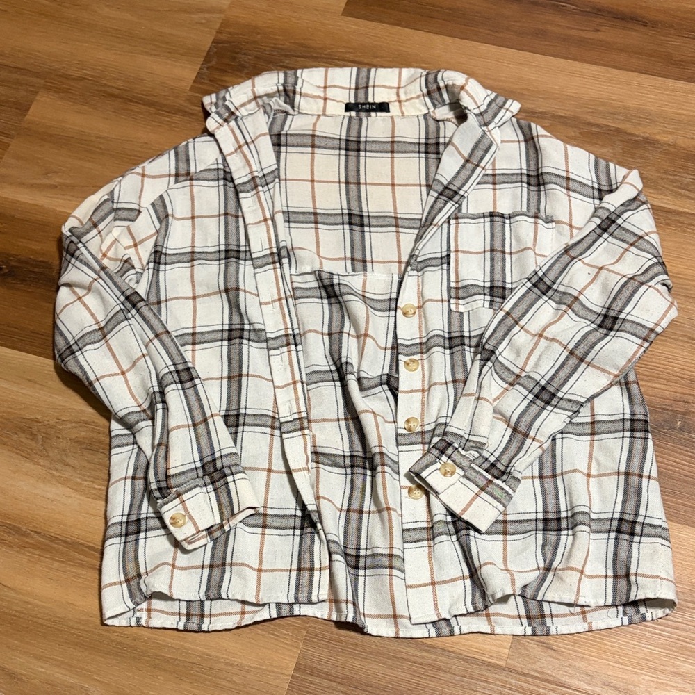 SHEIN Cream and Black Plaid Button-Down Shirt